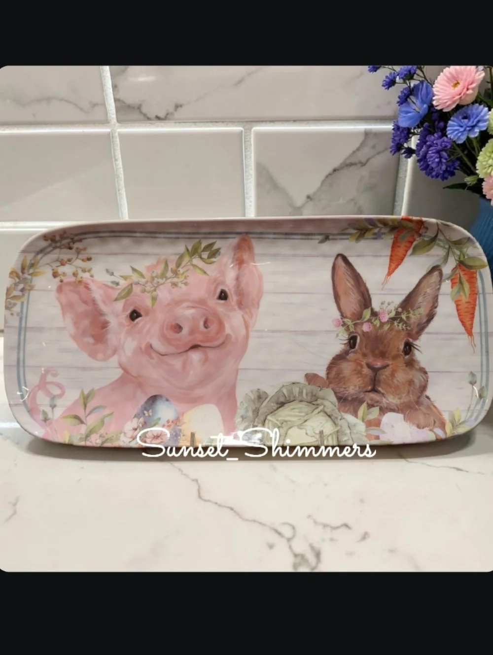 Baby Pig & Bunny Rabbit Farmhouse Indoor Outdoor Melamine Serving Platter New